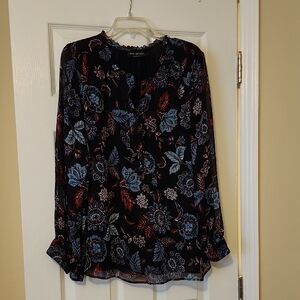 Lane Bryant Black Floral Split-Neck Blouse with Blue & Red Print